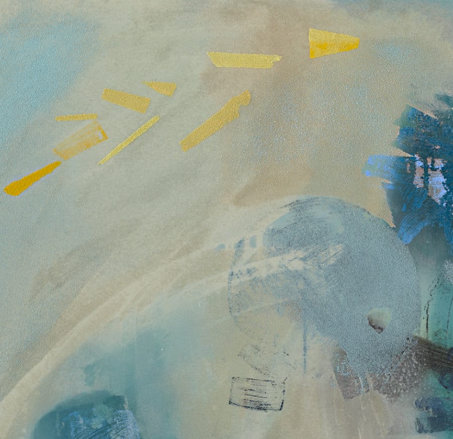 Detail: Michael Markwick
Forsythia on Bright Night (2021) 
145 x 120 cm
(57 ³/₃₂ x 47 ¹/₄ in.) 
Acrylic and sand on raw silk.
