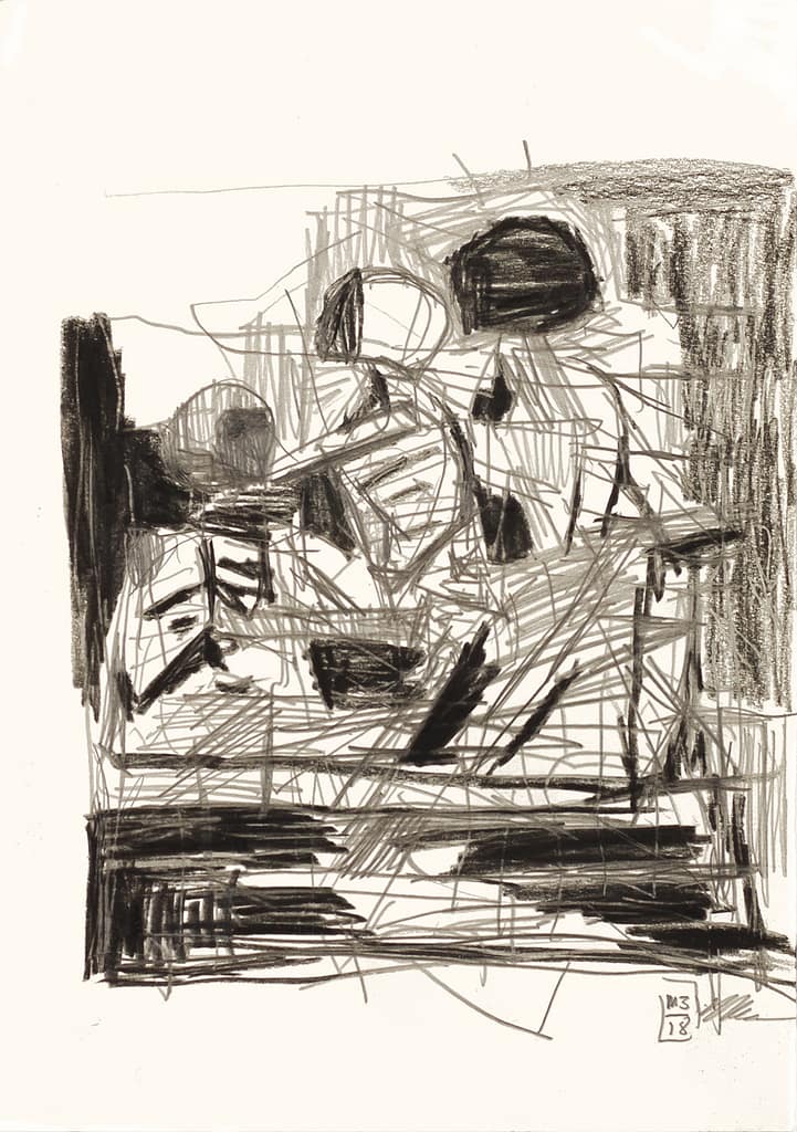 Michael Markwick, Three Figures, 2018 Graphitstift und Kreidestift auf Papier, 29,5 x 20,8 cm Graphite and Conté crayon on paper, 11,6 x 8,2 inches
